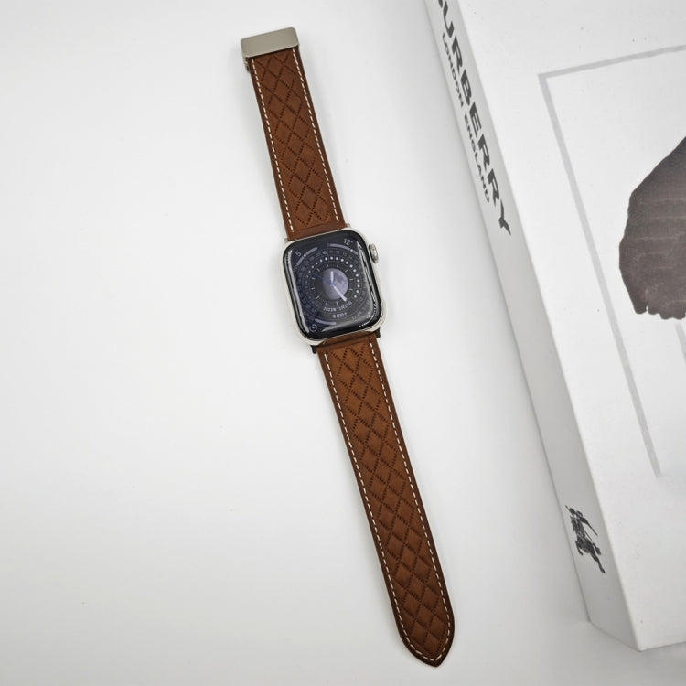 For Apple Watch SE 2023 40mm Rhombus Pattern Magnetic Folding Buckle Leather Watch Band(Dark Brown) - Watch Bands by PMC TechLife | Online Shopping South Africa | PMC TechLife | Buy Now Pay Later Mobicred