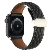 For Apple Watch Ultra 2 49mm Rhombus Pattern Magnetic Folding Buckle Leather Watch Band(Black)