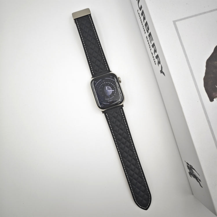 For Apple Watch Series 4 44mm Rhombus Pattern Magnetic Folding Buckle Leather Watch Band(Black)