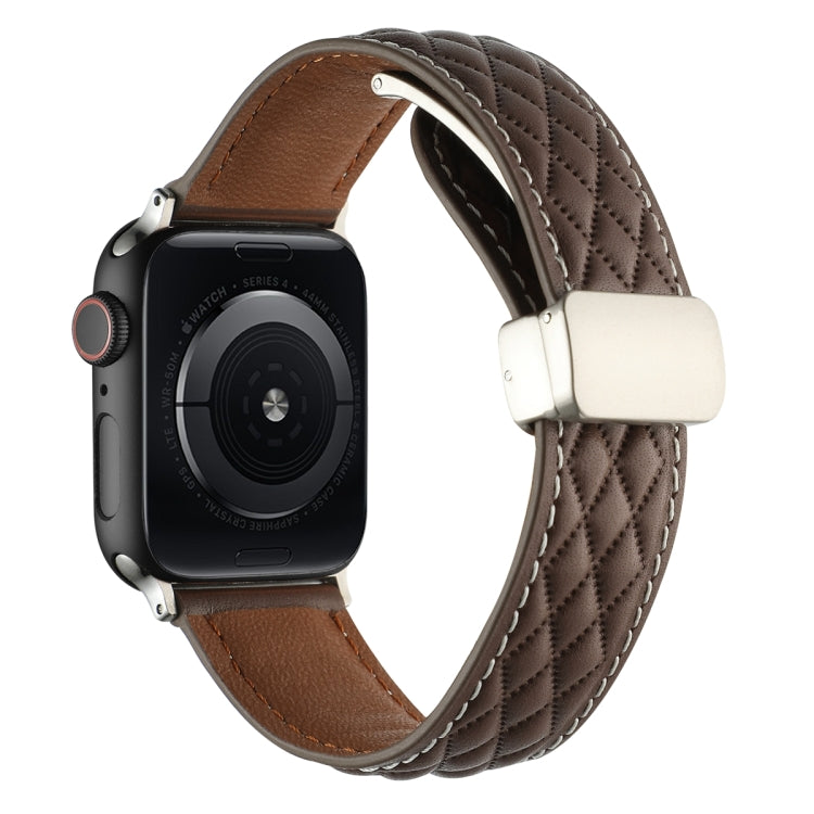 For Apple Watch Series 2 38mm Rhombus Pattern Magnetic Folding Buckle Leather Watch Band(Dark Coffee) - free shipping - PMC TechLife - Order now!