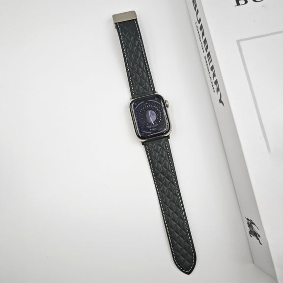 For Apple Watch 42mm Rhombus Pattern Magnetic Folding Buckle Leather Watch Band(Dark Green)