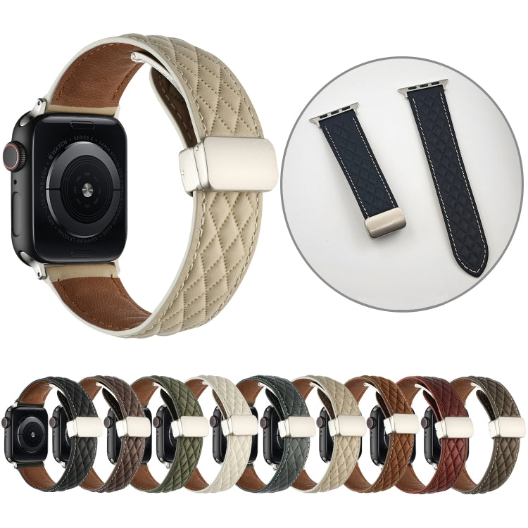 For Apple Watch Series 9 41mm Rhombus Pattern Magnetic Folding Buckle Leather Watch Band(Dark Coffee)