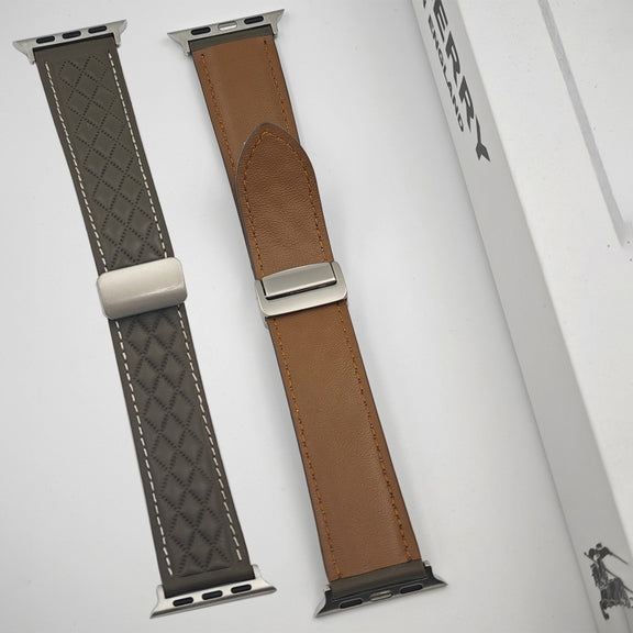 For Apple Watch Series 6 44mm Rhombus Pattern Magnetic Folding Buckle Leather Watch Band(Brown)