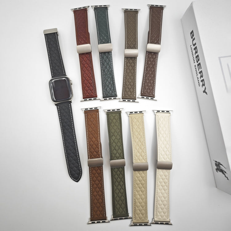 For Apple Watch Series 7 41mm Rhombus Pattern Magnetic Folding Buckle Leather Watch Band(Red)