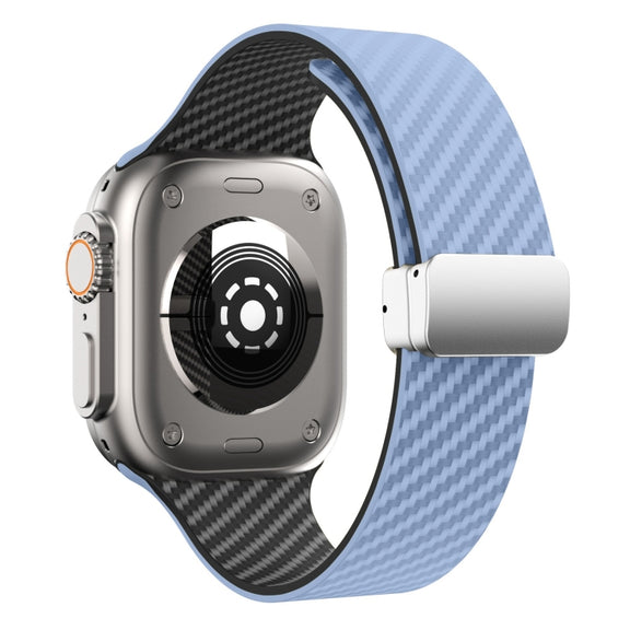 For Apple Watch SE 2023 44mm Carbon Fiber Magnetic Silver Buckle Watch Band(Light Blue Black)
