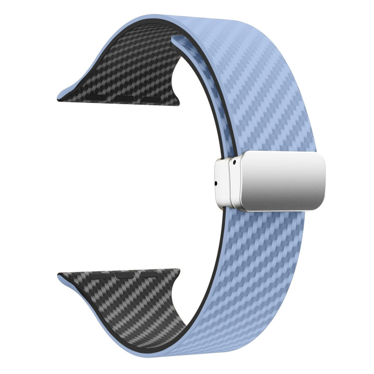 For Apple Watch SE 2023 44mm Carbon Fiber Magnetic Silver Buckle Watch Band(Light Blue Black)