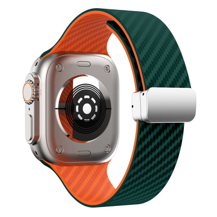 For Apple Watch Series 9 41mm Carbon Fiber Magnetic Silver Buckle Watch Band(Deep Green Orange) - free shipping - PMC TechLife - Order now!