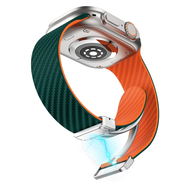 For Apple Watch Series 9 41mm Carbon Fiber Magnetic Silver Buckle Watch Band(Deep Green Orange) - free shipping - PMC TechLife - Order now!