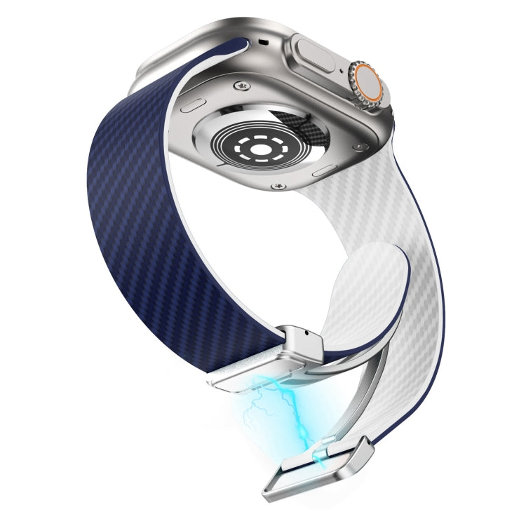 For Apple Watch SE 2022 44mm Carbon Fiber Magnetic Silver Buckle Watch Band(Royal Blue White) - free shipping - PMC TechLife - Order now!