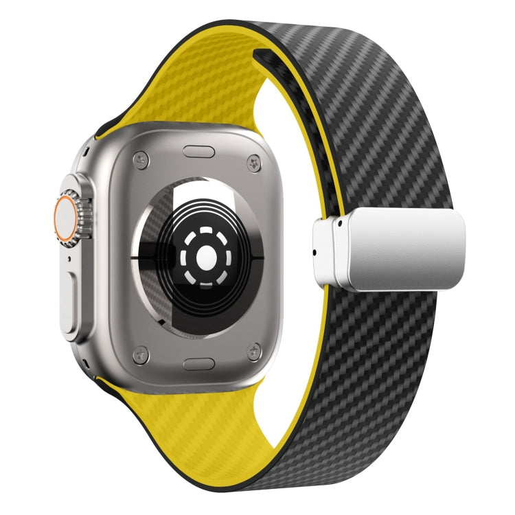 For Apple Watch Series 6 44mm Carbon Fiber Magnetic Silver Buckle Watch Band(Black Yellow)
