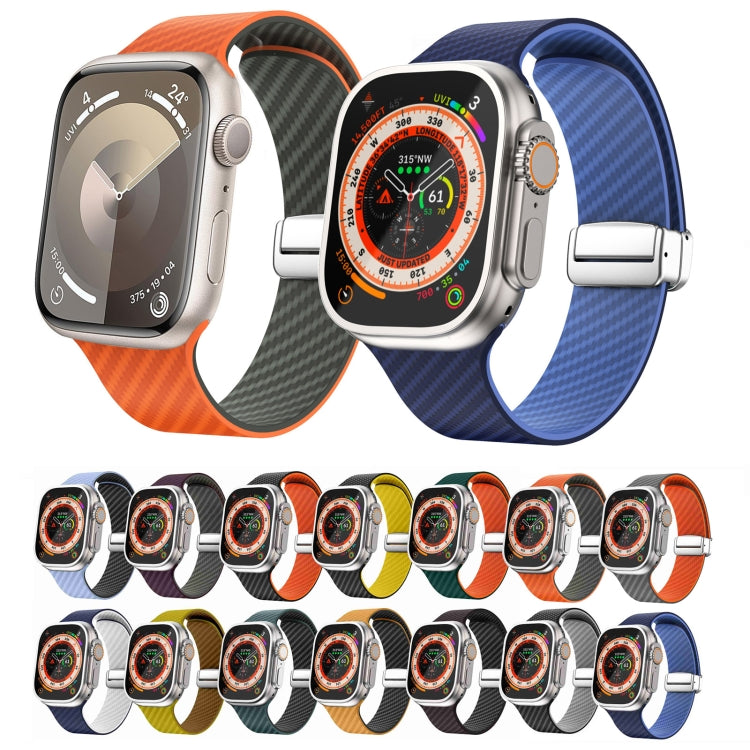 For Apple Watch SE 2023 44mm Carbon Fiber Magnetic Silver Buckle Watch Band(Light Blue Black)