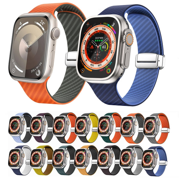 For Apple Watch Series 6 44mm Carbon Fiber Magnetic Silver Buckle Watch Band(Black Yellow)