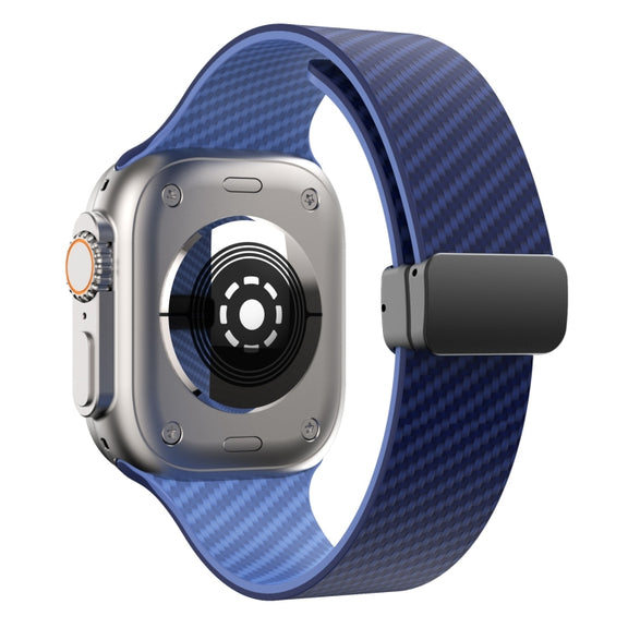 For Apple Watch SE 2023 44mm Carbon Fiber Magnetic Black Buckle Watch Band(Royal Blue Light Blue)