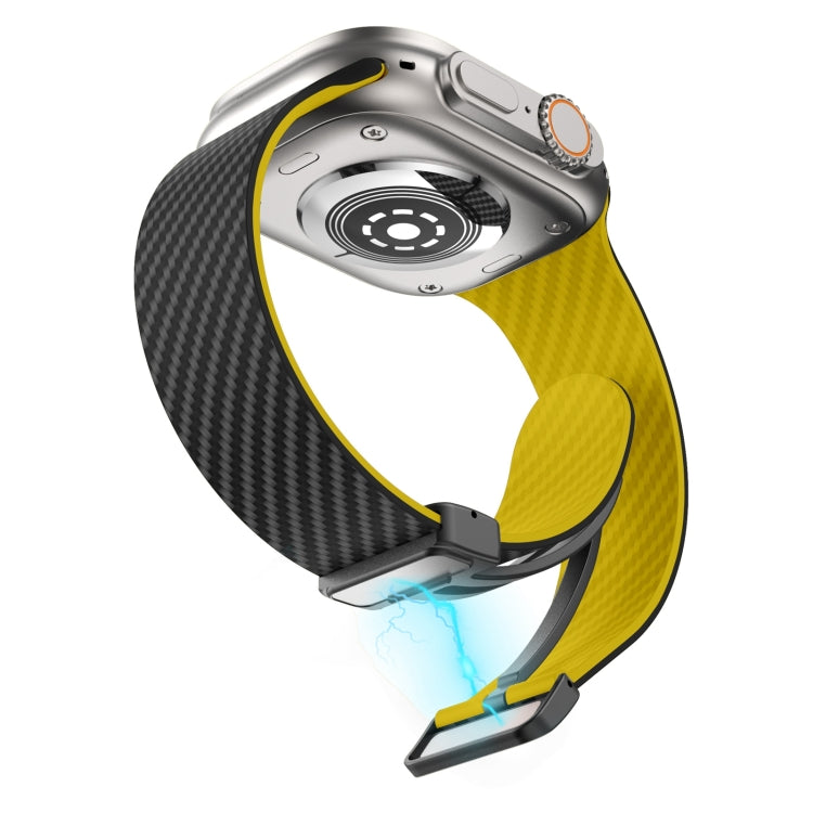 For Apple Watch SE 44mm Carbon Fiber Magnetic Black Buckle Watch Band(Black Yellow)