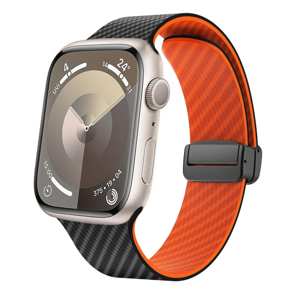 For Apple Watch Series 4 44mm Carbon Fiber Magnetic Black Buckle Watch Band(Black Orange)