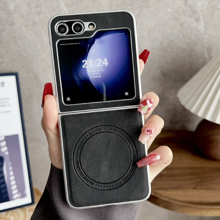 For Samsung Galaxy Z Flip5 Skin Feel Leather Texture MagSafe Pearlescent Paint Shockproof Phone Case(Black) - Galaxy Z Flip5 Cases by PMC TechLife | Online Shopping South Africa | PMC TechLife