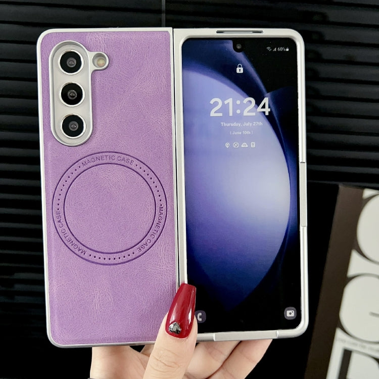 For Samsung Galaxy Z Fold5 Skin Feel Leather Texture MagSafe Pearlescent Paint Shockproof Phone Case(Purple) - Galaxy Z Fold5 Cases by PMC TechLife | Online Shopping South Africa | PMC TechLife