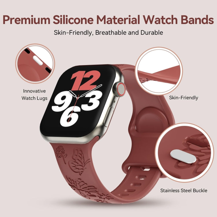 For Apple Watch SE 2023 44mm Butterfly Flower Embossed Silicone Watch Band(Brick Red) - Watch Bands by PMC TechLife | Online Shopping South Africa | PMC TechLife