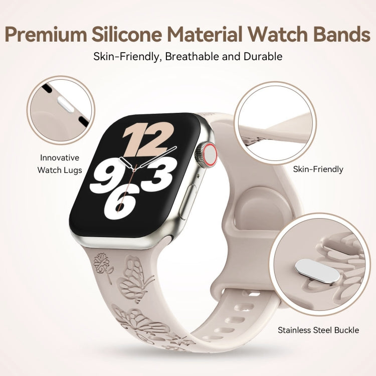 For Apple Watch Series 7 41mm Butterfly Flower Embossed Silicone Watch Band(Starlight)