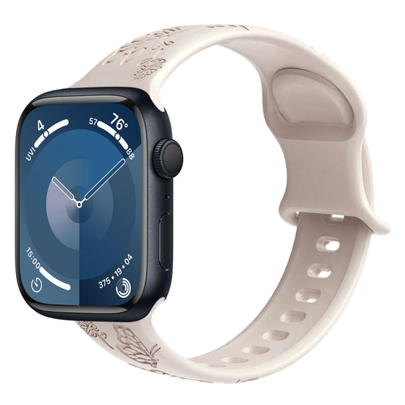 For Apple Watch Series 7 45mm Butterfly Flower Embossed Silicone Watch Band(Starlight)