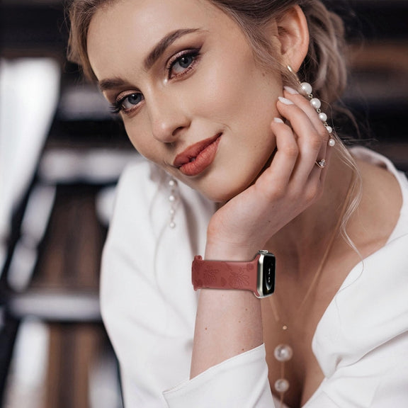 For Apple Watch SE 40mm Butterfly Flower Embossed Silicone Watch Band(Brick Red)
