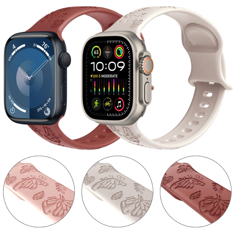For Apple Watch SE 44mm Butterfly Flower Embossed Silicone Watch Band(Brick Red)