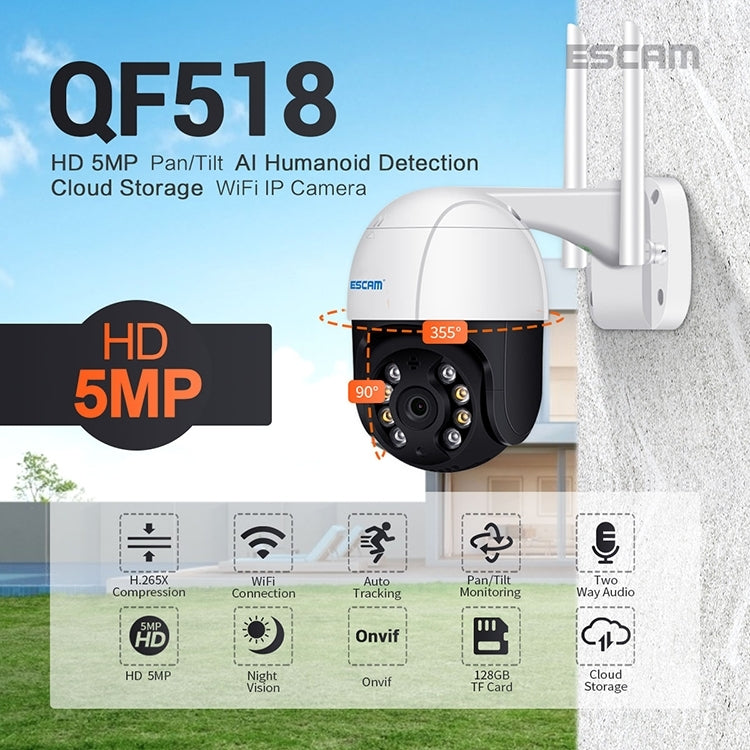 ESCAM QF518 5MP Smart WiFi IP Camera, Support AI Humanoid Detection / Auto Tracking / Dual Light Night Vision / Cloud Storage / Two Way Audio / TF Card, Plug:AU Plug(White)