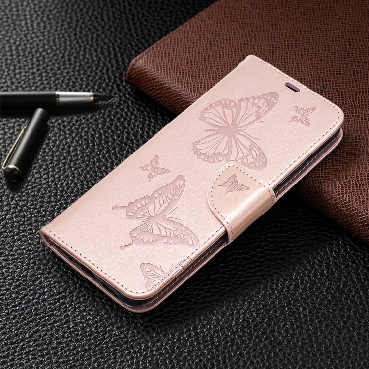 For Xiaomi Redmi 9C Two Butterflies Embossing Pattern Horizontal Flip Leather Case with Holder & Card Slot & Wallet & Lanyard(Rose Gold)