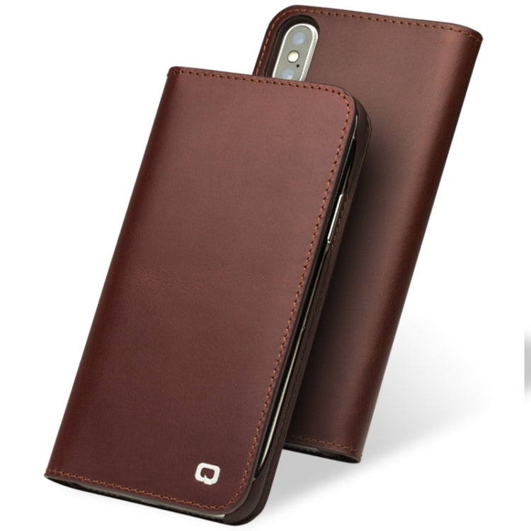 For iPhone X / XS QIALINO Crazy Horse Business Horizontal Flip Leather Case with Holder & Card Slots, Style:Without Buckle(Brown)