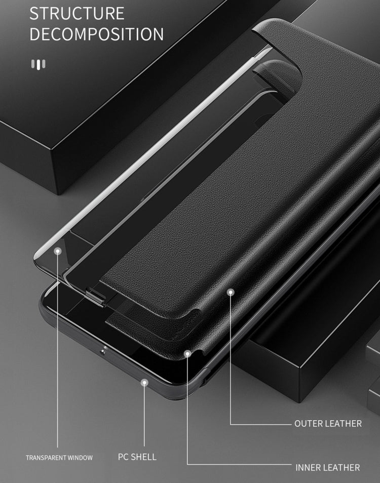 For Huawei Mate 20 Pro Side Display Shockproof Horizontal Flip Leather Case with Holder & Call Answering Function & Sleep / Wake-up(Black)