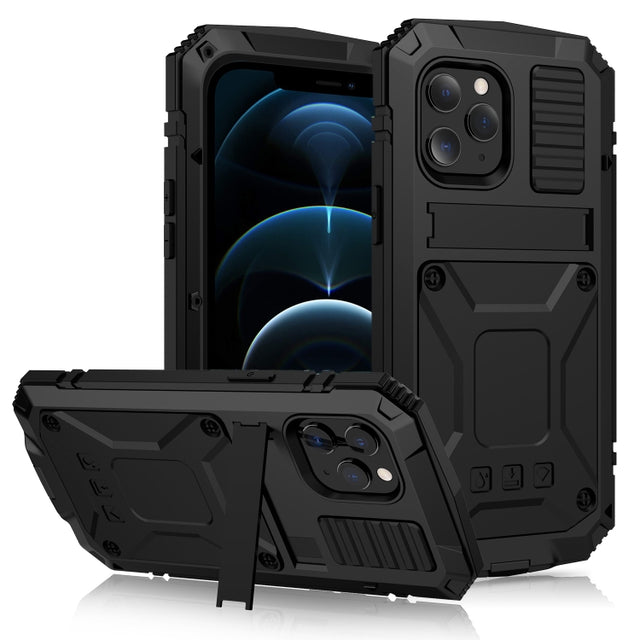 For iPhone 12 Pro Max R-JUST Shockproof Water-resistant Dust-proof Metal + Silicone Protective Case with Holder(Black)