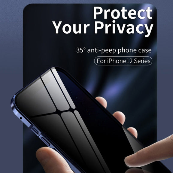 For iPhone 12 / 12 Pro Double Sides Tempered Glass Magnetic Adsorption Metal Frame Anti-peep Screen Case(Black)