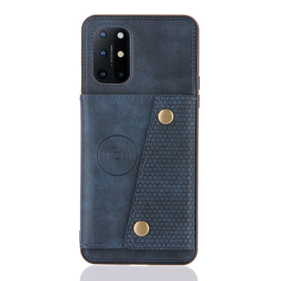 For OnePlus 8T Double Buckle PU + TPU Shockproof Magnetic Protective Case with Card Slots & Holder(Blue)