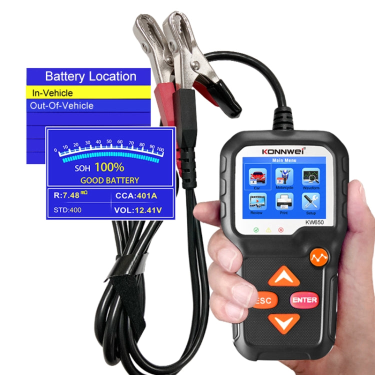 KONNWEI KW650 6V- 12V Car Motorcycle Battery Lawn Mower Detector with 2.4 inch Color Display & Waveform Graph