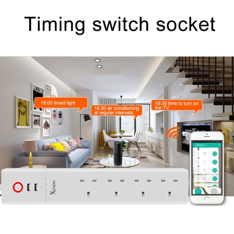2 x USB Ports + 4 x UK Plug Jack WiFi Remote Control Smart Power Socket Works with Alexa & Google Home, Cable Length: 1.8m, AC 90-265V, UK Plug