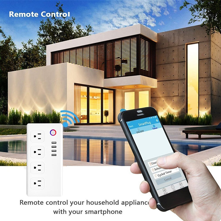 4 x USB Ports + 4 x US Plug Jack WiFi Remote Control Smart Power Socket Works with Alexa & Google Home, AC 110-240V, US Plug