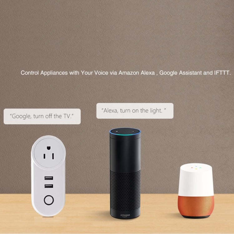 SA-002 2 USB Ports + 1 US Socket WiFi Smart Power Plug Socket, Compatible with Alexa and Google Home, AC 110V-230V, US Plug