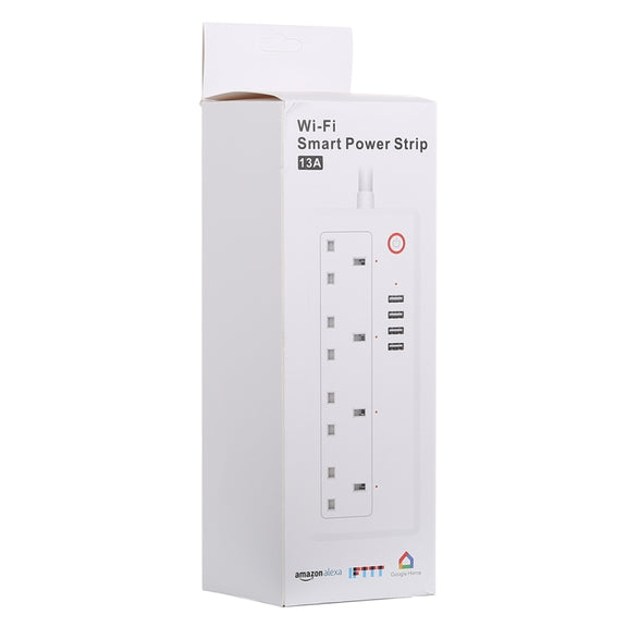 4 x USB Ports + 4 x UK Plug Jack 13A Max Output WiFi Remote Control Smart Power Socket Works with Alexa & Google Home, AC 100-240V, UK Plug