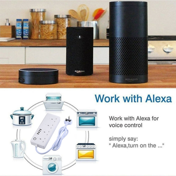 4 x USB Ports + 4 x UK Plug Jack 13A Max Output WiFi Remote Control Smart Power Socket Works with Alexa & Google Home, AC 100-240V, UK Plug