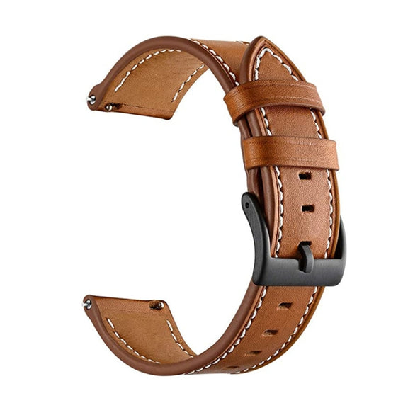 For Garmin Forerunner 265 / 255 / Vivoactive 4 / Venu 2 22mm Stitching Black Buckle Genuine Leather Watch Band (Brown)