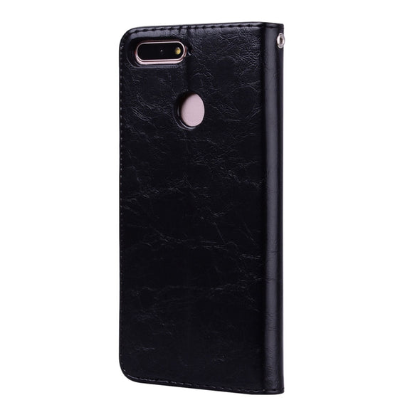 Business Style Oil Wax Texture Horizontal Flip Leather Case for Huawei Honor 7A (with fingerprint hole), with Holder & Card Slots & Wallet(Black)