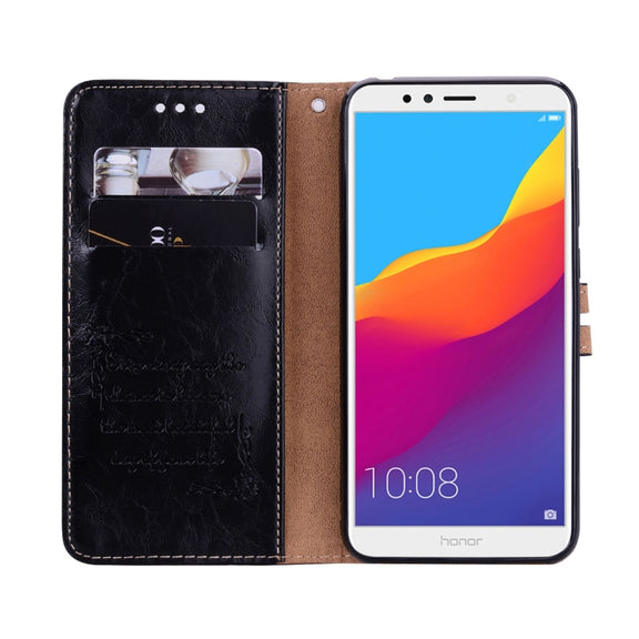Business Style Oil Wax Texture Horizontal Flip Leather Case for Huawei Honor 7A (with fingerprint hole), with Holder & Card Slots & Wallet(Black)