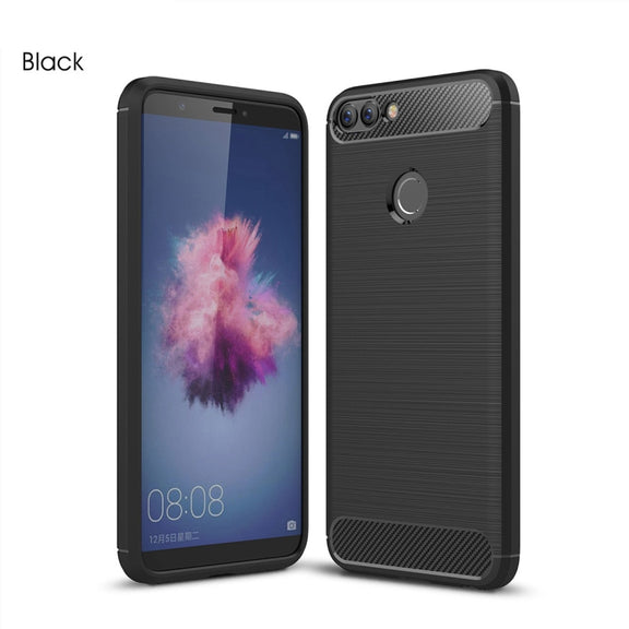 For Huawei  P smart / Enjoy 7S Brushed Texture Carbon Fiber Shockproof TPU Protective Back Case (Black)