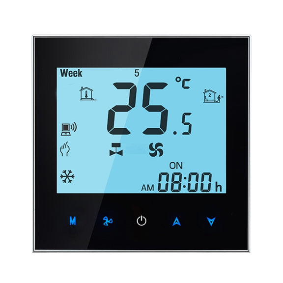 LCD Display Air Conditioning 4-Pipe Programmable Room Thermostat for Fan Coil Unit, Supports Wifi (Black)