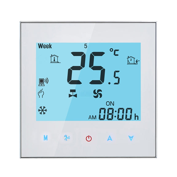 LCD Display Air Conditioning 4-Pipe Programmable Room Thermostat for Fan Coil Unit, Supports Wifi (White)
