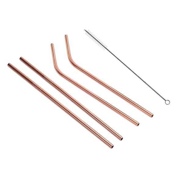 4pcs Reusable Stainless Steel Drinking Straw + Cleaner Brush Set Kit,  215*6mm(Rose Gold)