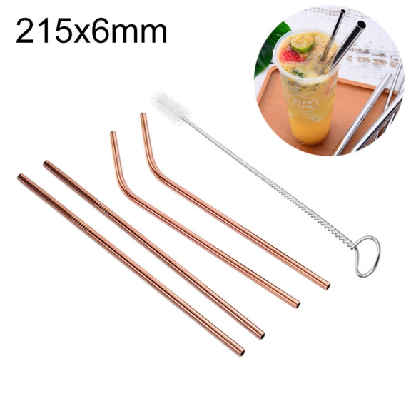 4pcs Reusable Stainless Steel Drinking Straw + Cleaner Brush Set Kit,  215*6mm(Rose Gold)