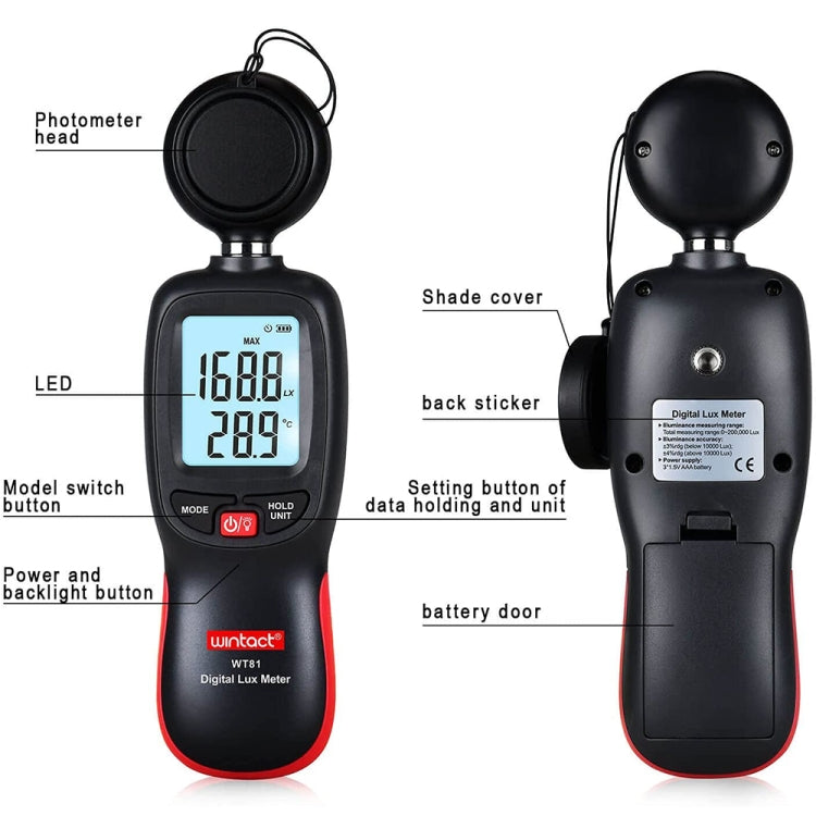 Wintact WT81 Digital Light Lux Meter for Factory / School / House Various Occasion, Range: 0-200,000 Lux (Black) - free shipping - PMC TechLife - Order now!