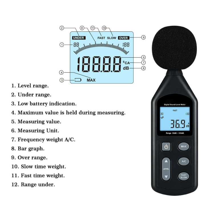 Wintact WT1357 Digital Sound Level Meter, Range: 30dB~130dB - free shipping - PMC TechLife - Order now!