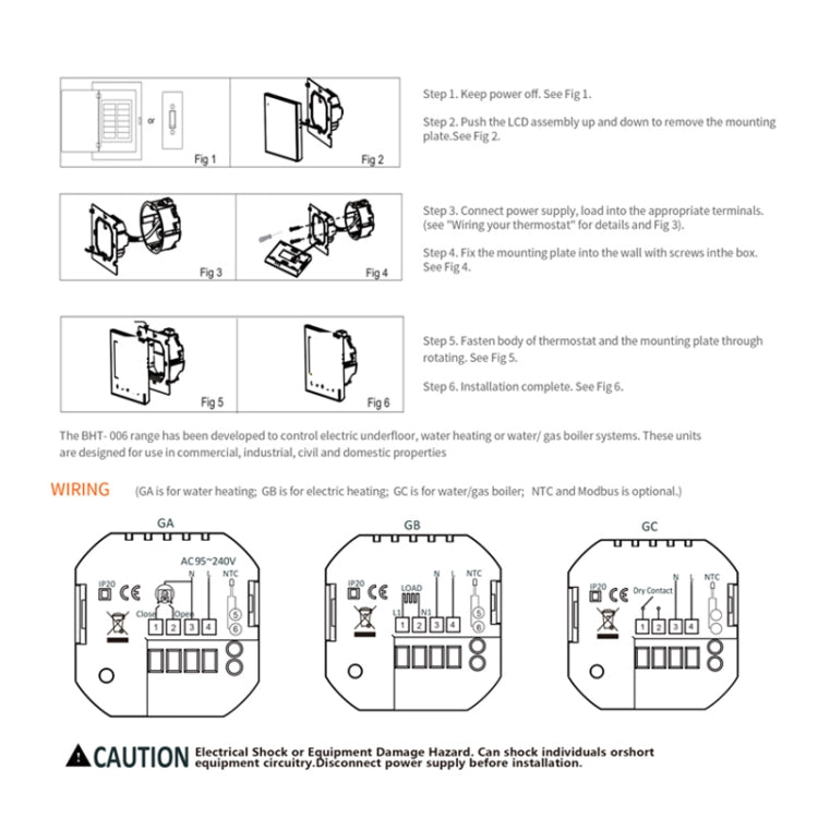 BHT-006GALW 95-240V AC 5A Smart Home Heating Thermostat for EU Box, Control Water Heating with Only Internal Sensor & WiFi Connection(Black)